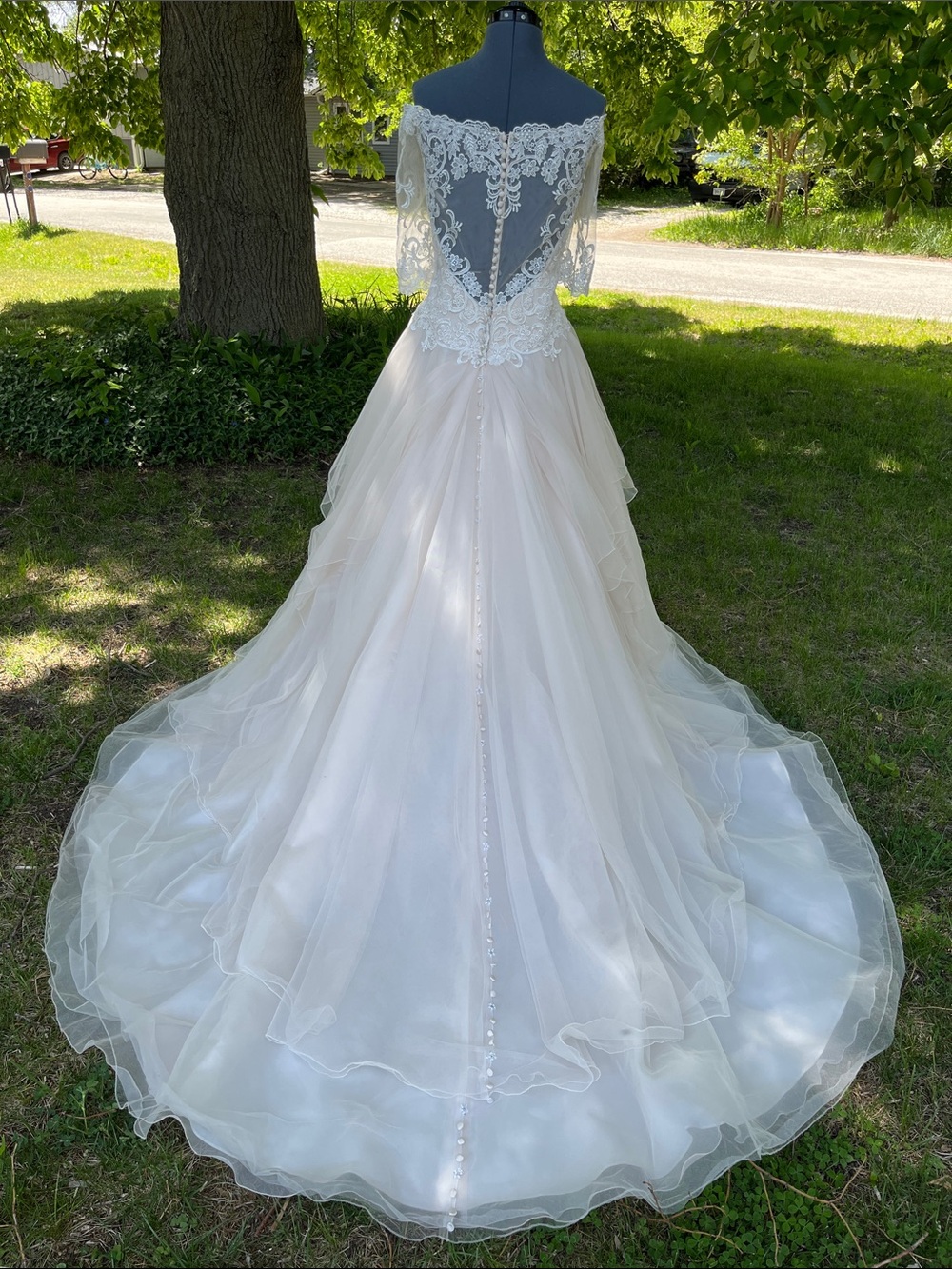 Used David Tutera Blush/Ivory Lace Off-Shoulder Wedding Dress - Picture 4 of 8